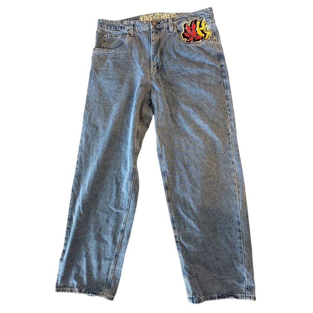 Ambush Mens Embroidered Dragon Graffiti Jeans Size 36 Blue Denim Wide Leg Y2K